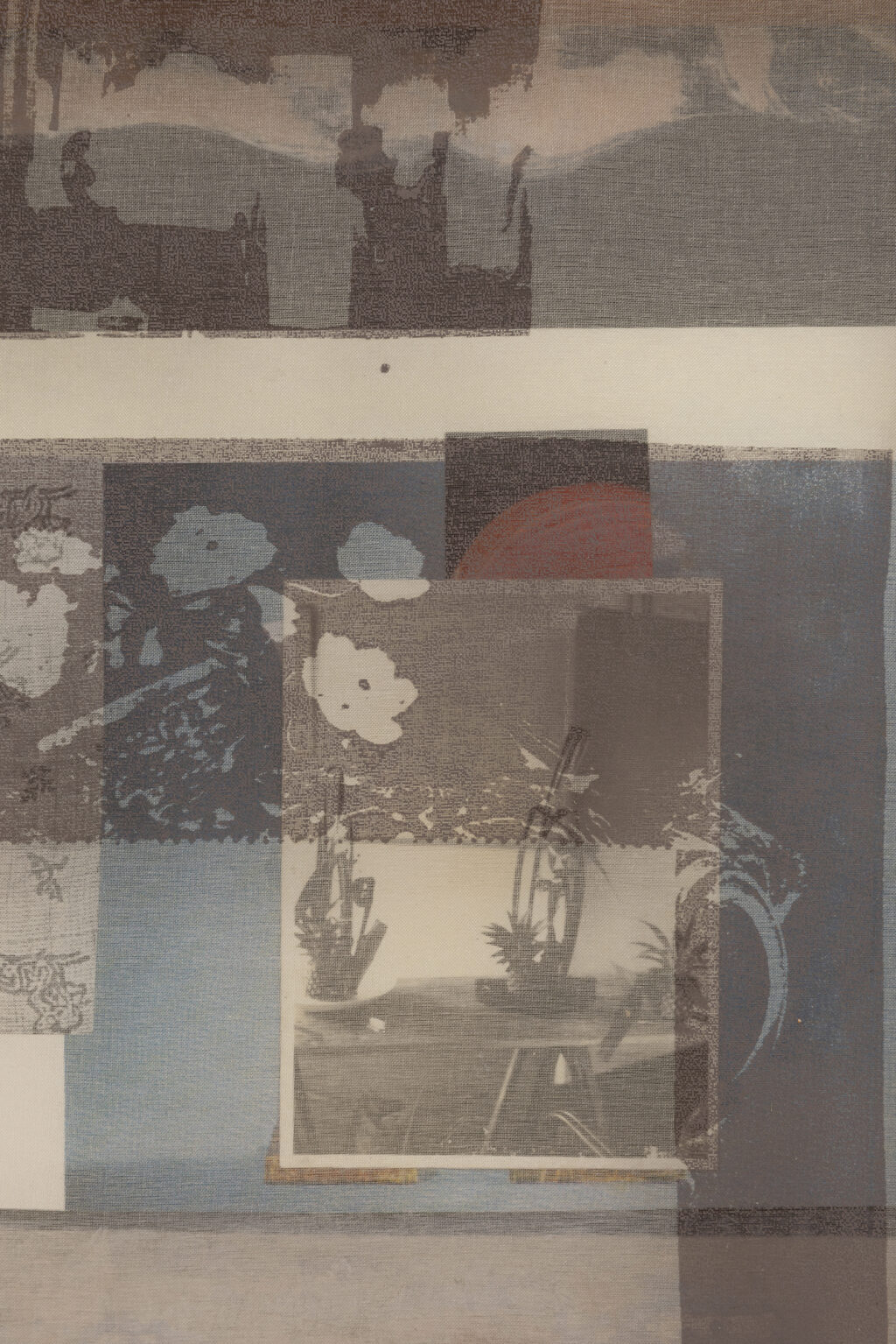 InstallationView_Xi_LiXLI024_Xi_Li_Screen_Rehearsal_4_2026_Screenprint_on_organza_mixed_media_on_wood_artist_frame_9.25x11_inches_detail_1_©Jenny_Gorman_Courtesy_of_the_artist_and_HESSE_FLATOW